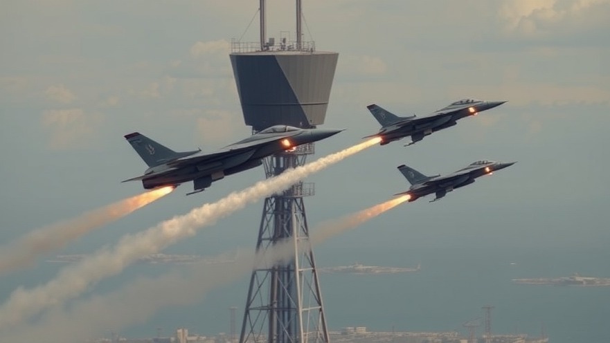 U.S. fighter jets firing missiles at a radar tower, highlighting Iran strikes in national news.