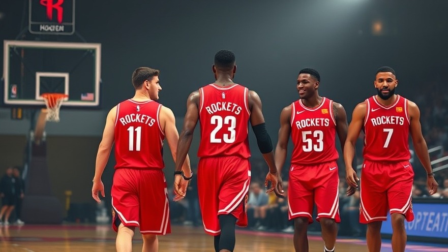 Houston Rockets players celebrate with sports highlights in red uniforms.