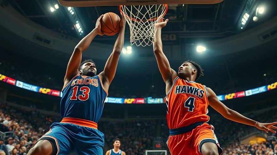 Intense basketball game analysis: Knicks and Hawks players leap for a dramatic rebound.