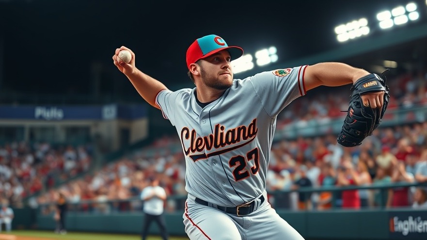 Cleveland Guardians news: Intense pitcher in action, vibrant stadium scene.