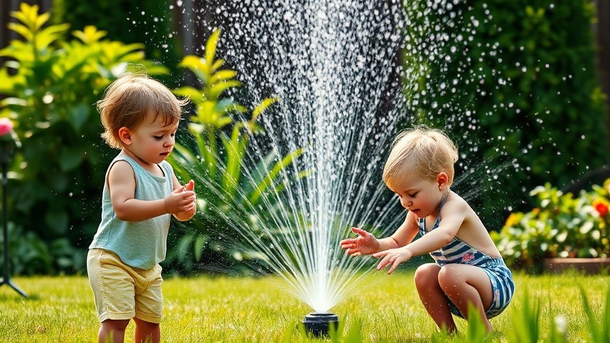 Young children enjoying Dallas summer, playing in backyard sprinkler amidst lush greenery.