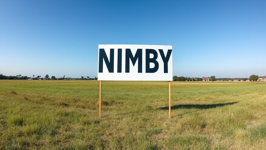 Vacant lot with 'NIMBY' sign highlighting local opposition to housing development in Houston.
