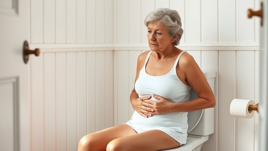 Seniors' health tips for constipation relief, woman in thoughtful pose on toilet.
