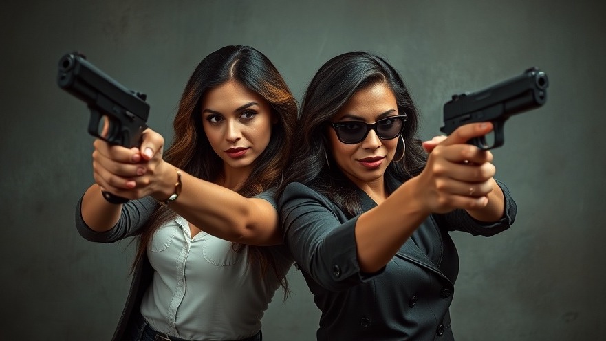 Two Hispanic women brandishing guns illustrating crime in Austin TX.