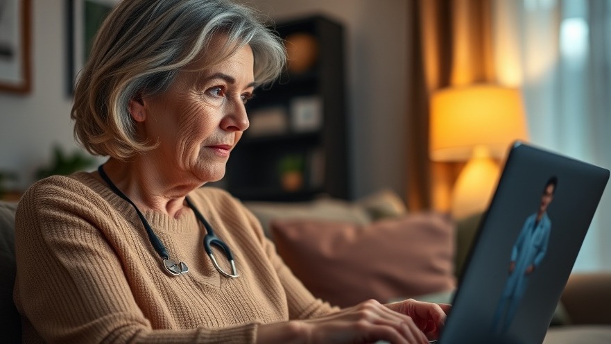 Middle-aged woman engaging with healthcare AI ethics on laptop in cozy living room.