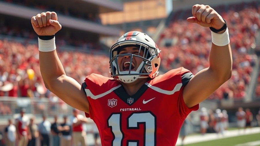 Excited college football player celebrating a memorable Heisman Trophy moment.
