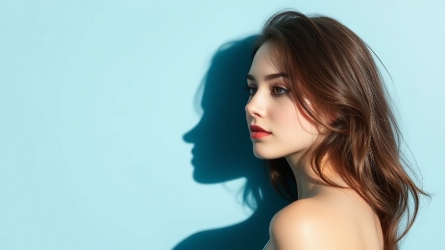 Young woman on light blue background exploring digital profile and online presence.