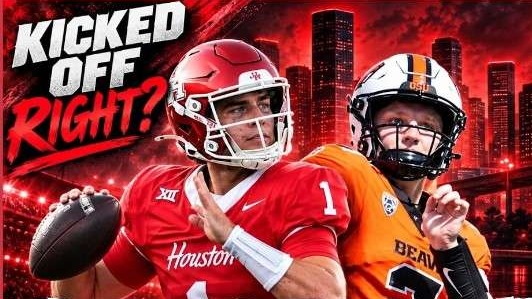 Exciting football scene with Oregon State player, urban skyline background.