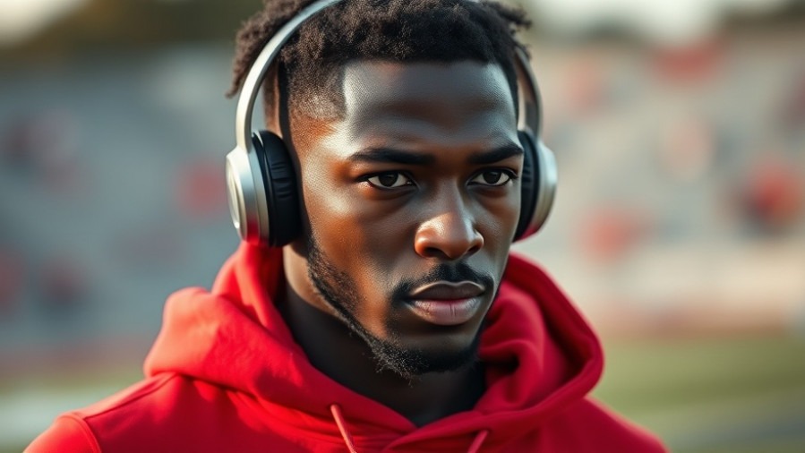 Focused black male athlete in red hoodie absorbs NFL news with headphones.
