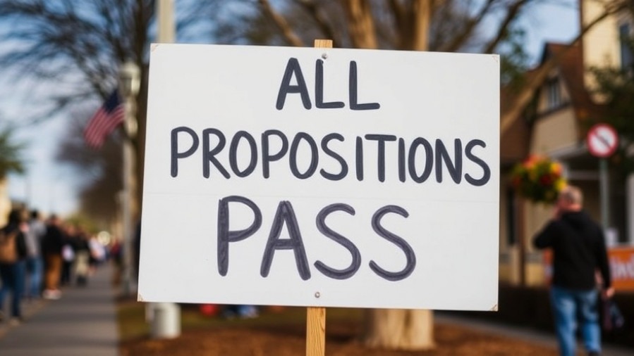 Texas election results: sign reading 'ALL PROPOSITIONS PASS' highlights voter engagement in Texas.