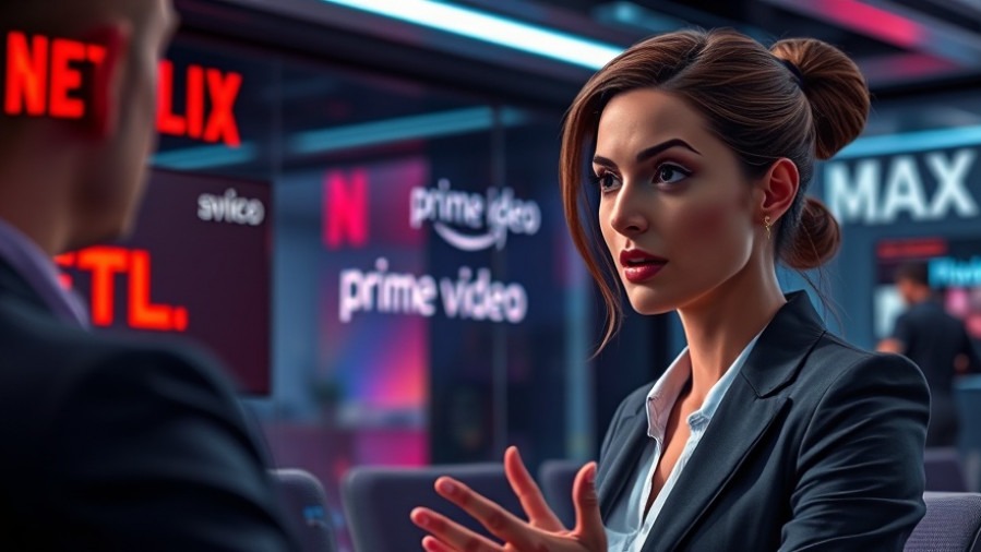 Businesswoman discussing media consolidation effects with streaming icons in a high-tech setting.