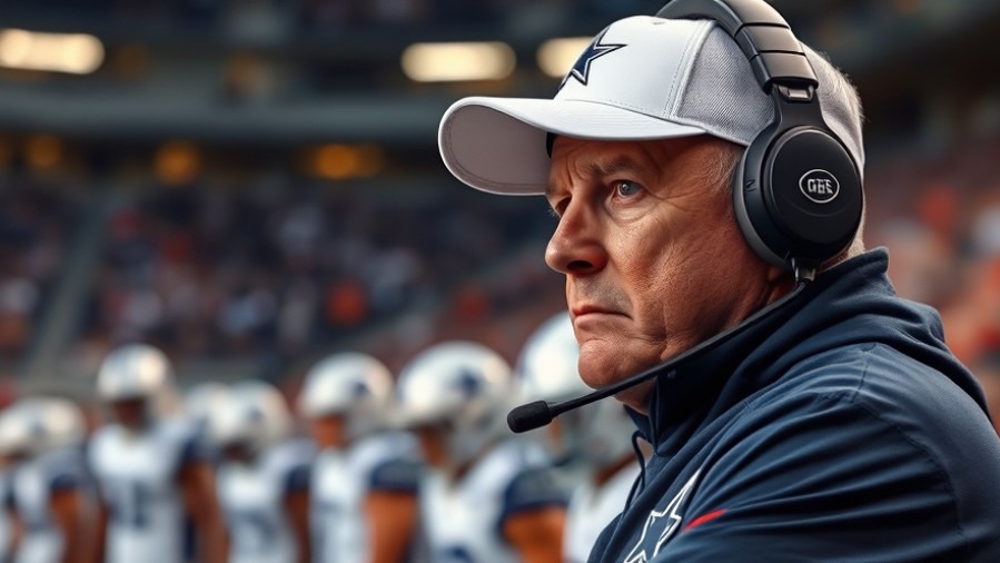 Focused Dallas Cowboys coach strategizing amid indoor stadium ambiance.