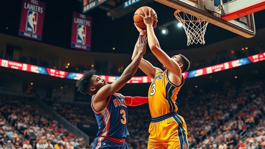 Intense basketball excitement as athletes compete for a rebound in a vibrant stadium.