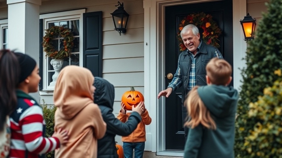 Middle-aged man greets trick-or-treaters, promoting social connection and mental health.