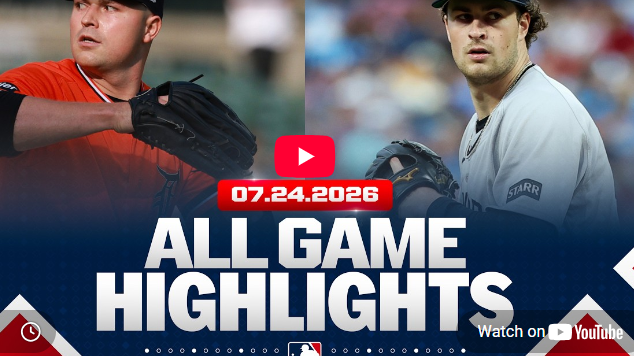 Highlights from MLB July 24 Games graphic with players pitching.