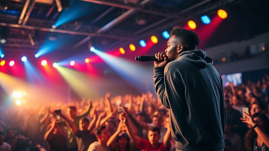 Energetic black rapper D4vd performing live, thrilling the audience amid vibrant lights.