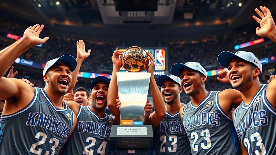 Knicks players celebrate NBA title victory, joyfully holding championship trophy in vibrant arena.