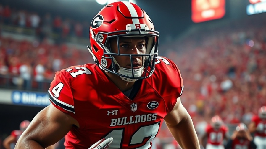 Photorealistic action shot of Georgia Bulldogs player showcasing college football highlights.