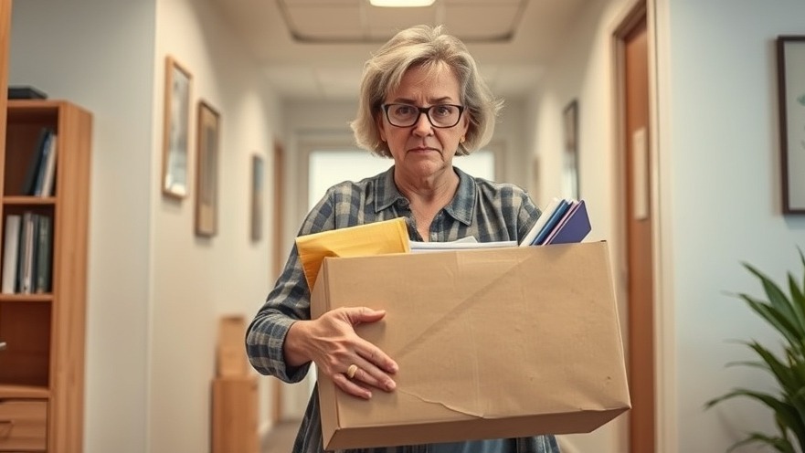 Angry middle-aged woman leaving office with belongings reflects economy job statistics.