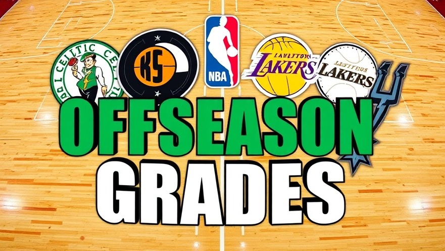Dynamic NBA trades analysis collage of team logos with bold 'OFFSEASON GRADES' text.