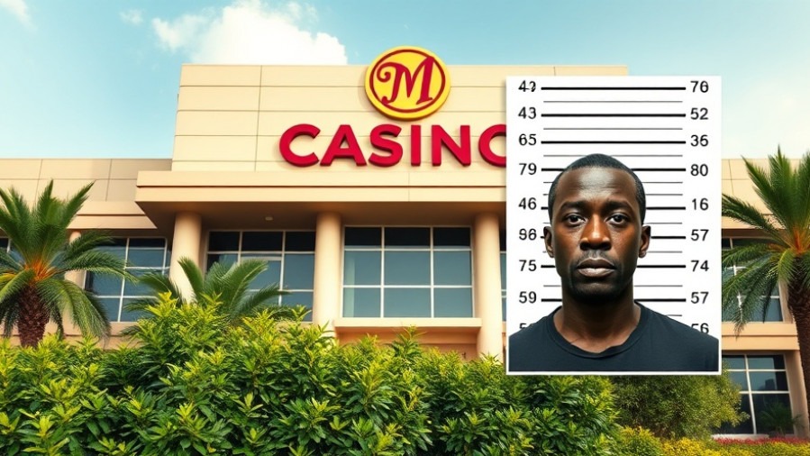 Modern casino facade with logo, lush greenery, highlighting public safety and casino violence issues.