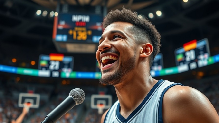 Jubilant basketball player celebrating NBA playoffs, vibrant indoor court atmosphere.