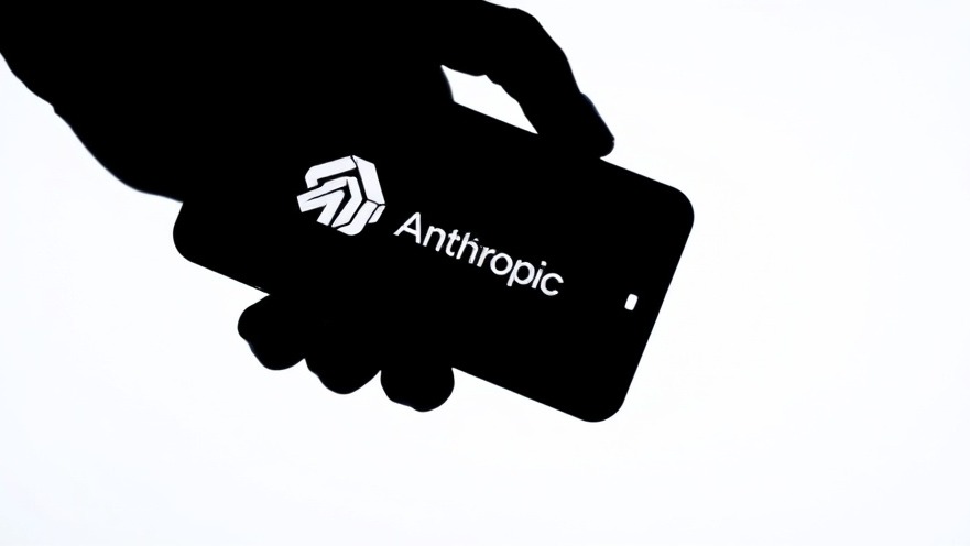 Hand holding smartphone with Anthropic AI logo, showcasing military AI technology.