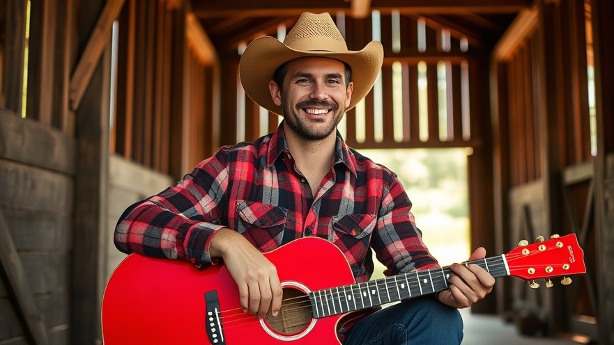 Smiling man in plaid shirt with red guitar case, capturing the spirit of Texas music festival.