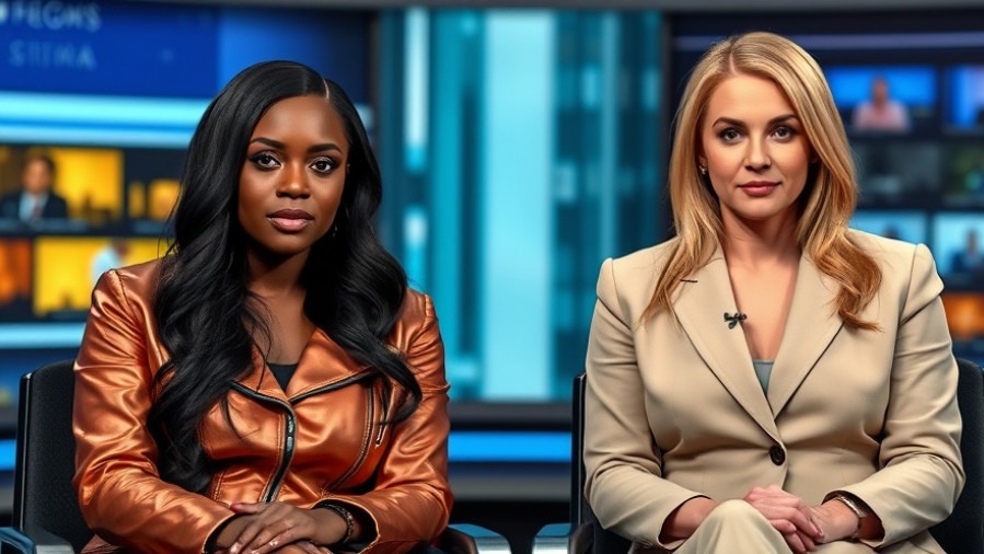 Two women in a news studio discussing conspiracy theories with serious expressions.