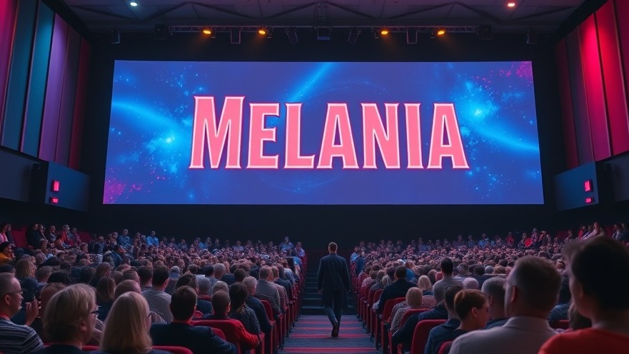 Cinematic view of Melania Trump film screening, packed theater with vibrant colors.