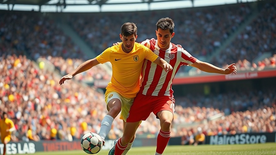 Dynamic soccer match featuring yellow and red-striped players competing, showcasing FIFA World Cup viewing options.