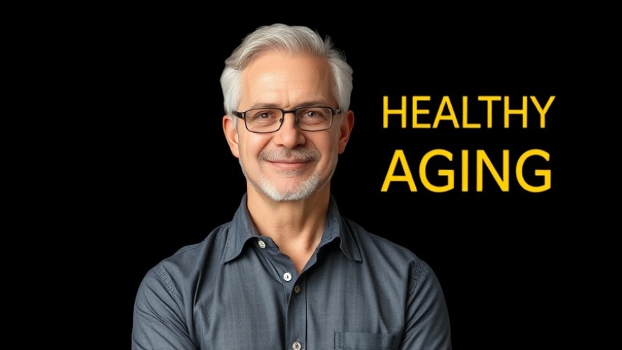 Professional man embodies healthy aging and nutrition education against simple background.