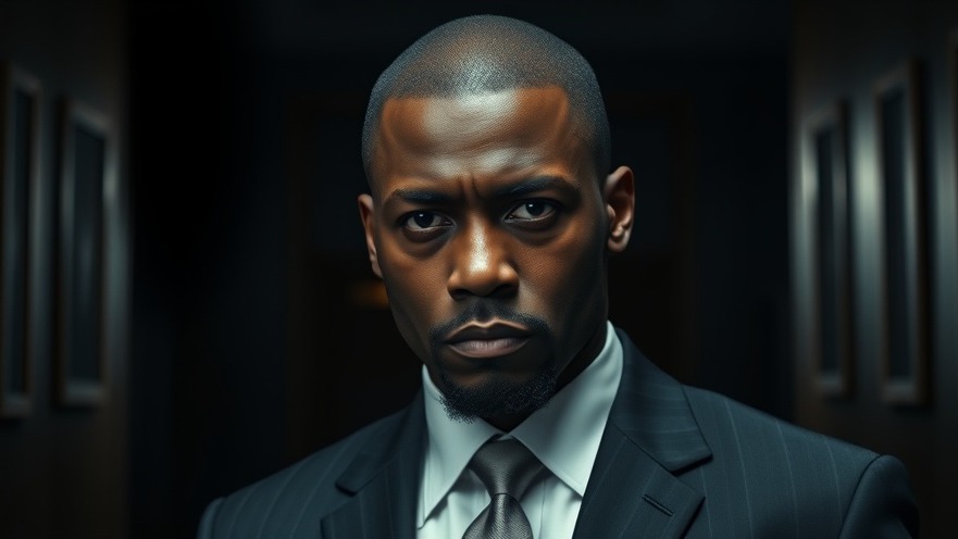Intense black man in suit reflecting on celebrity accountability in music industry reactions.