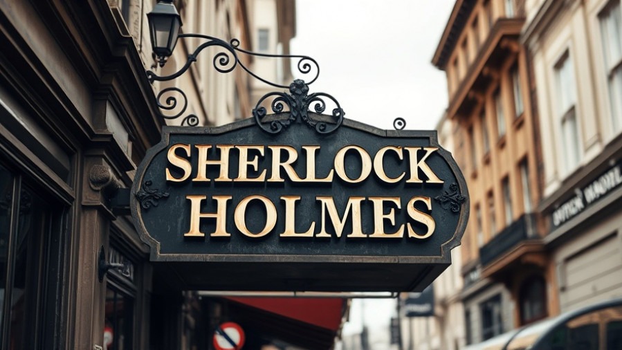 Photorealistic vintage 'Sherlock Holmes' sign in London, capturing the essence of Benedict Cumberbatch's cultural icon.