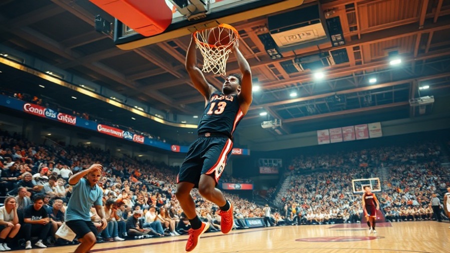 Dynamic basketball highlights of NBA stars, showcasing a player mid-dunk in a vibrant court.