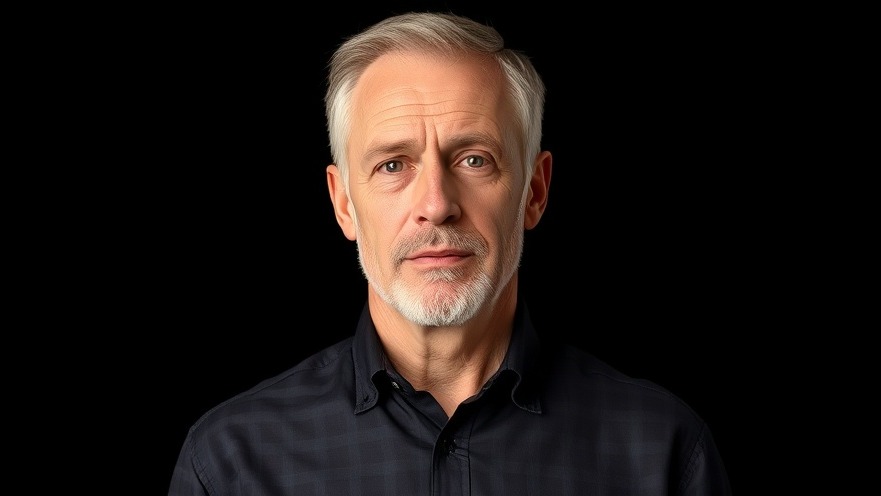 Breaking news today: mature man with neutral expression on black background.