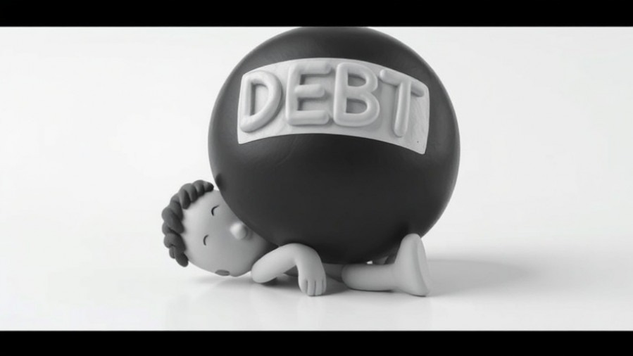 Cartoon figure overwhelmed by debt weight, illustrating credit card debt consequences.