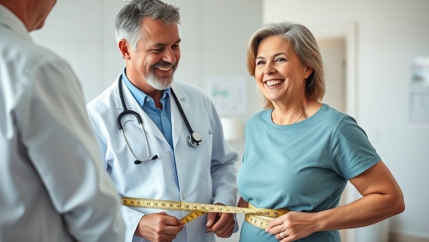 Cheerful woman measuring waist at doctor's office, depicting benefits of healthy habits for diabetes prevention.