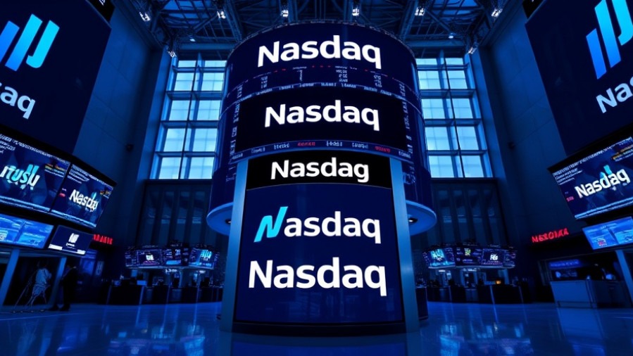 Sleek stock exchange podium in San Antonio showcasing Nasdaq branding and vibrant tech elements.