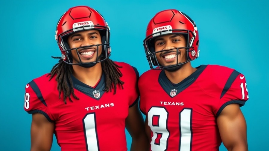 NFL athlete transformations: Houston Texans athletes smiling in vibrant jerseys.