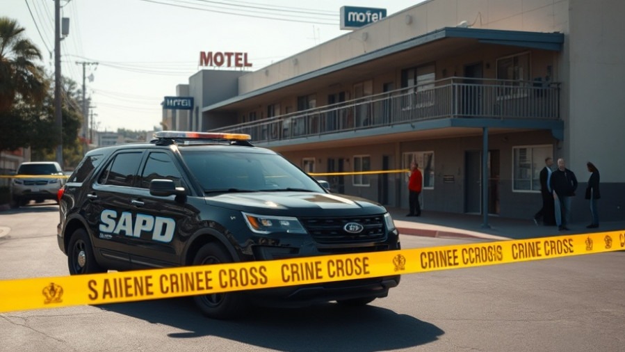 San Antonio police news: SAPD car near motel, highlighting public safety and mental health awareness.