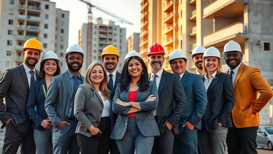 Diverse Dallas city workers in business attire and hard hats smiling at sunset.