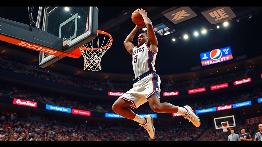 Dynamic NBA player mid-air dunk, capturing basketball game highlights in a vibrant arena.