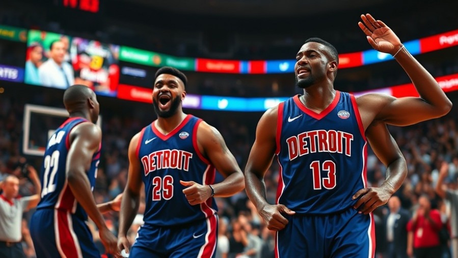 Dynamic Detroit Pistons players celebrating NBA highlights in a vibrant arena.