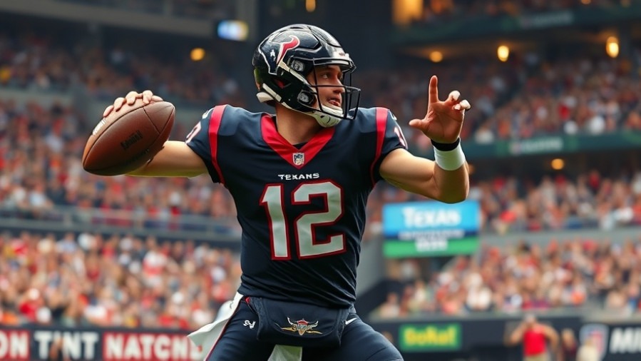 Dynamic Houston Texans action, player ready to pass, celebrating nine-game streak.