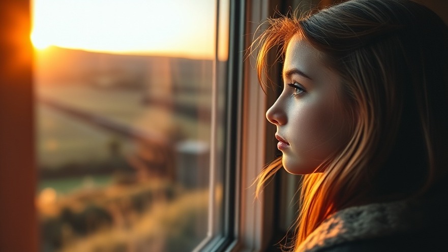 Reflective teen girl contemplating creativity and screen time, sunset view.