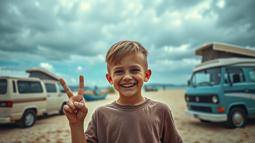 Young boy smiling with peace sign at Surfside Beach, showcasing community engagement Fort Bend.