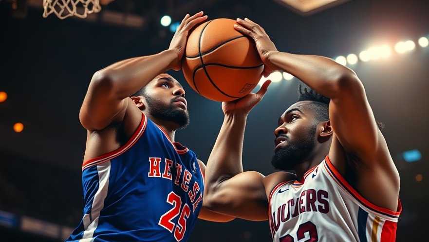 Intense NBA playoffs moment: two basketball players in mid-air showdown for the ball.