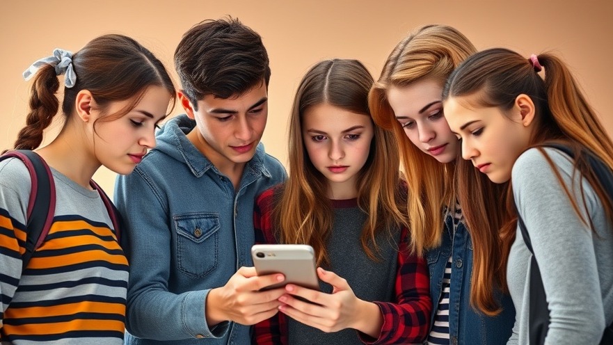Teens frowning at smartphone, reflecting on legal accountability online and social media responsibility.