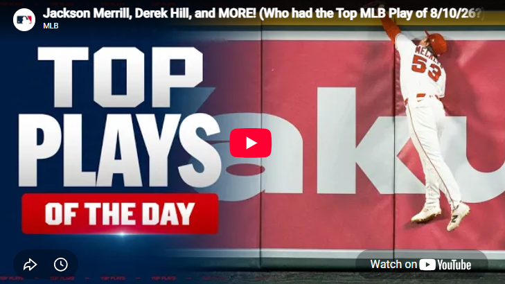 Baseball player makes a leaping catch against a colorful wall, MLB Highlights August 10 2026.